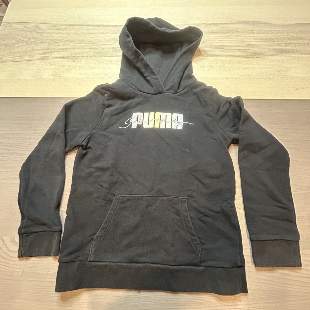 PUMA Hoodie Girls L 14/16  Black Pullover Hoodie Fleece Long Sleeve Logo Pockets